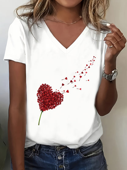 Women's Casual V-Neck Short Sleeve T-Shirt - White with Red Heart & Berry Print, Soft 100% Polyester, Machine Washable, Regular Fit for Spring Summer Fall Casual Attire, Comfortable Fit Tee, Versatile Top, Feminine Style, Lig