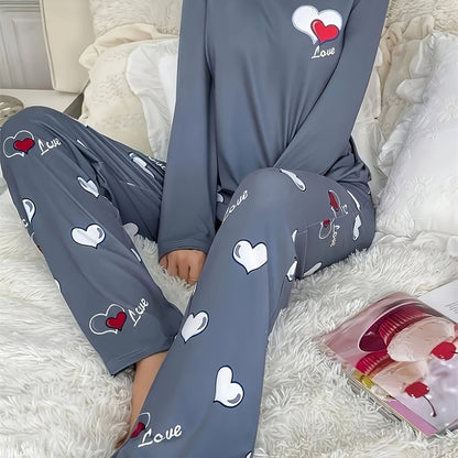 Cozy & Cute Women's Heart Pattern Pajama Set in Dark Gray - Long Sleeve & Pants, Round Neck, Soft Polyester Blend, Machine Washable Sleepwear for Autumn/Winter