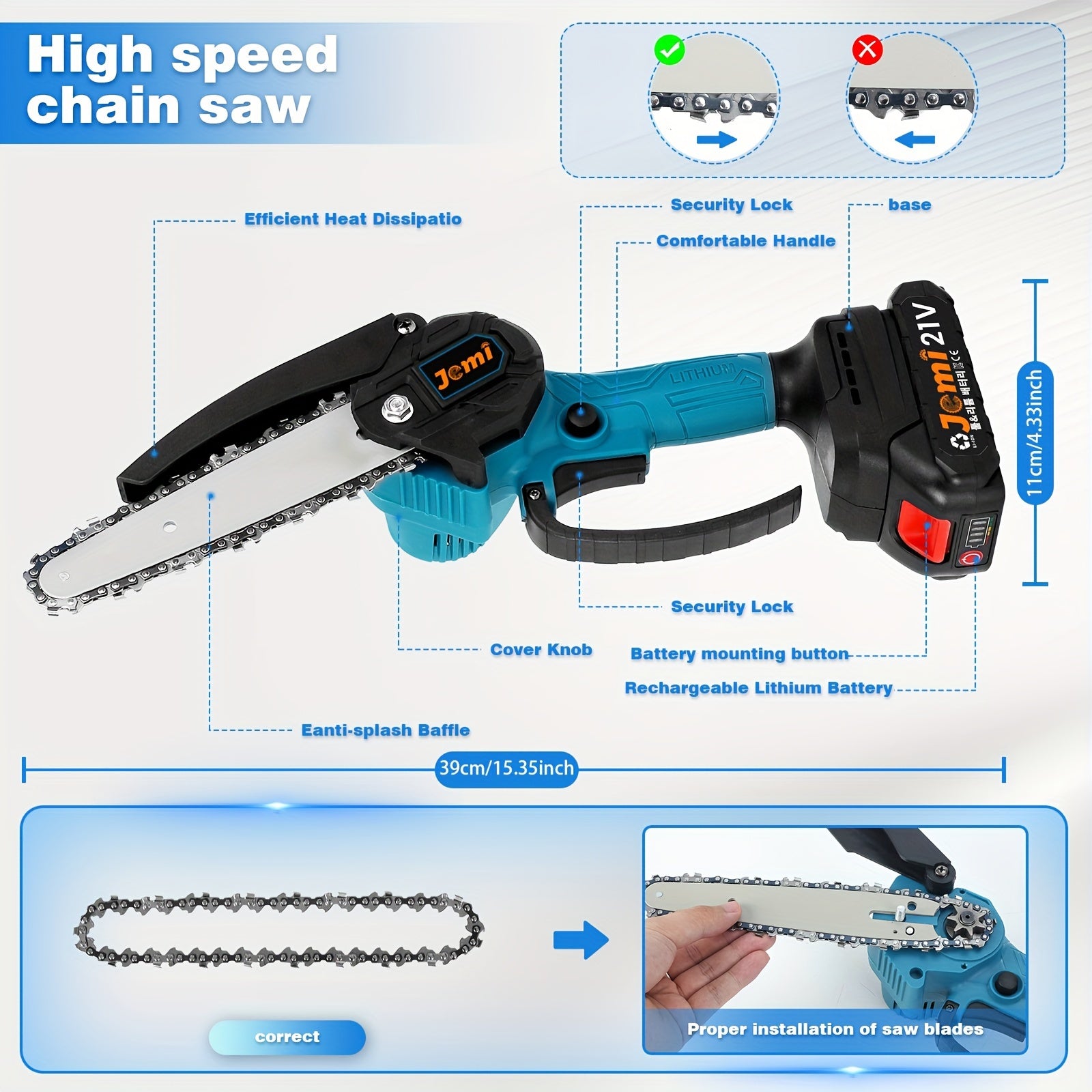 Jemi Tool Handheld 6-Inch Mini Chain Saw with 1/2 Digital Display Battery Cordless Chain Saw with Fender for Cutting Wood, Pruning Trees