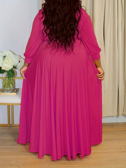 Plus Size Solid Color Tie Waist Dress, Elegant Long Sleeve Surplice Neck Maxi Dress For Spring & Fall, Women's Plus Size Clothing