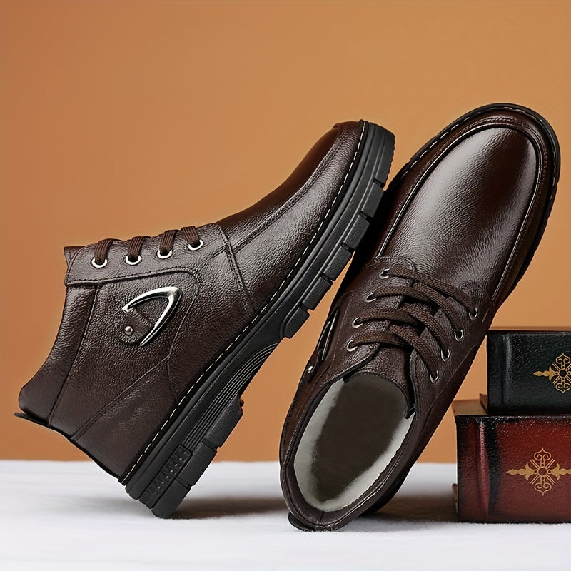 Botas de cuero para hombre, calzado térmico de invierno, botas de senderismo cortavientos con forro afelpado