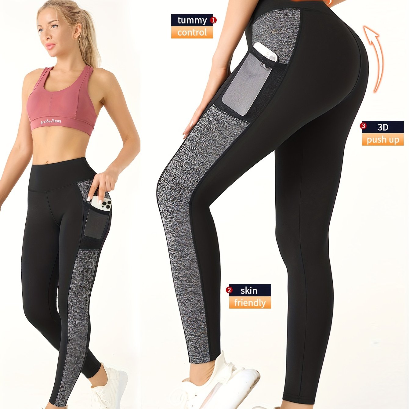 [1pc Women'S High Waist Yoga Leggings] 1pc Women'S High Waist Yoga Leggings with Contrast Color Pocket, Soft Stretchable Polyester Knit Sports Pants, Breathable Activewear for All Seasons