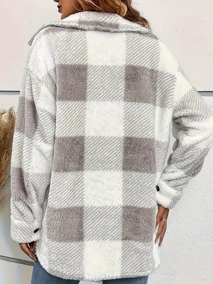Elegant Plush Winter Jacket - Polyester and Elastane, Checkered Pattern, High Stretch Fabric, Machine Washable, Knitted Style
