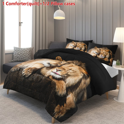 Lion Duvet Cover Set - 2/3 Piece Polyester Comforter with Stain Resistant Feature, Machine Washable, Digital Print, Woven Fabric, Includes 1 Comforter and 1/2 Pillowcases (No Insert)