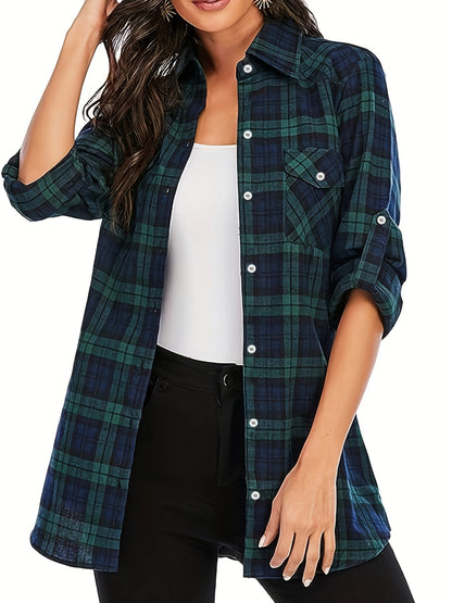 Plus Size Casual Top, Women's Plus Plaid Print Button Up Long Sleeve Turn Down Collar Blouse