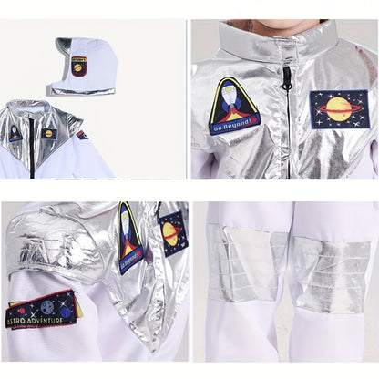 Boy's Cartoon Astronaut Cosplay Costume, Halloween Dress Up One-piece Jumpsuit & Hat, Kid's Dress Up Outfit For Carnival Party Performance