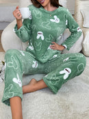 [Home Relaxation] Cozy & Warm Women's Fleece Pajama Set in Green with White Cartoon Rabbit Pattern - Soft Polyester, Anti-Static, Machine Washable - Elegant Home Loungewear with Round Neck Top & Pants for Fall/Winter, Plus Si