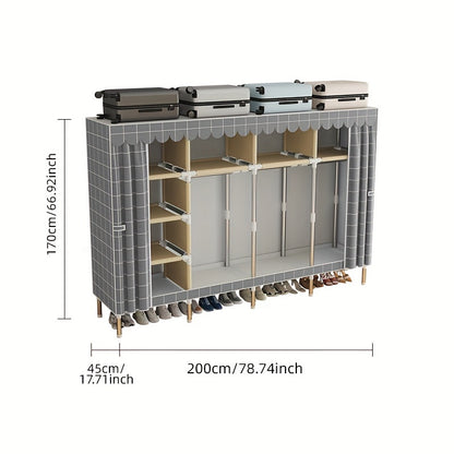 Simplified assembly of steel pipes with thickened reinforcement and 10 large capacity storage racks and 3 hanging clothes poles for storing wardrobes, easy and convenient assembly of checkered fabric cabinets