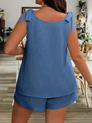 Women'S Casual Sleeveless V-Neck Top & Shorts Two-Piece Set - Loose Fit, Solid Navy Blue, Polyester Blend, Perfect for Summer Vacations, Summer Vacation Wear|Relaxed Fit Shorts|Polyester Blend