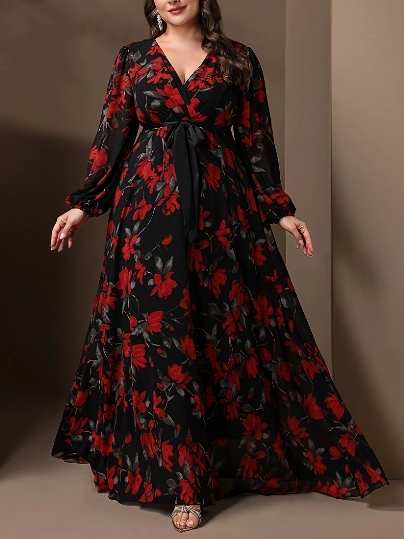 Elegant Plus Size Floral Print V-Neck Dress with Tie Waist, 100% Polyester Woven Fabric, Non-Stretch, Fitted Spring/Fall Maxi Dress