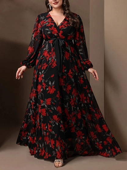 Elegant Plus Size Floral Print V-Neck Dress with Tie Waist, 100% Polyester Woven Fabric, Non-Stretch, Fitted Spring/Fall Maxi Dress