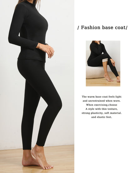 Set Of 2pcs, Women's Plush Lined Warm Base Top And Pants Set, Solid Color, Elastic Leisure Warm And Comfortable Underwear For Fall And Winter