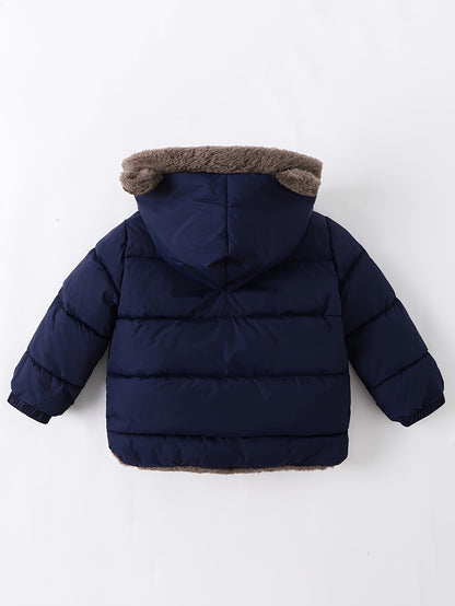 Baby's Warm Fuzzy Lining Quilted Jacket, Zip Up Cute Ears Decor Hooded Coat, Baby Boy's Clothing For Fall Winter Outdoor