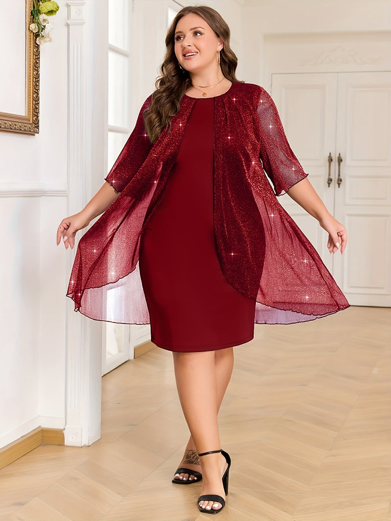 Plus Size - Elegant Plus Size Two-Piece Dress with Mesh Overlay - Navy Blue, Round Neck, Sleeveless, Flowy Design for Spring/Summer, Polyester Blend, Women'S Fashion, Plus Size Dresses