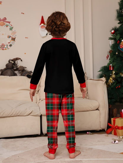 Cozy Youngsters' Christmas Pajama Set - Flame Retardant, Santa Hat & Mini Print, Long Sleeve Black Top with Red Plaid Pants, Cozy Loose Fit for Fall/Winter