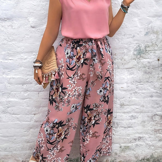 Women's Large Size Solid Color V-Neck Sleeveless Shirt and Floral Print Wide Leg Pants 2pcs Set for Summer