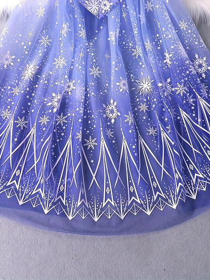 Enchanting Blue Gradient Snowflake Cape Costume for Children - Polyester; Floral Pattern; ButtonDetail; Knit Fabric with Slight Stretch; Regular Fit; Age 3+; Halloween Cloak Dress-Up