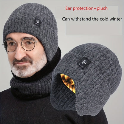 Men's Winter Knit Beanie with Ear Flaps - Thick, Warm & Cozy for Middle-Aged and Elderly - Gray, Autumn, Fleece