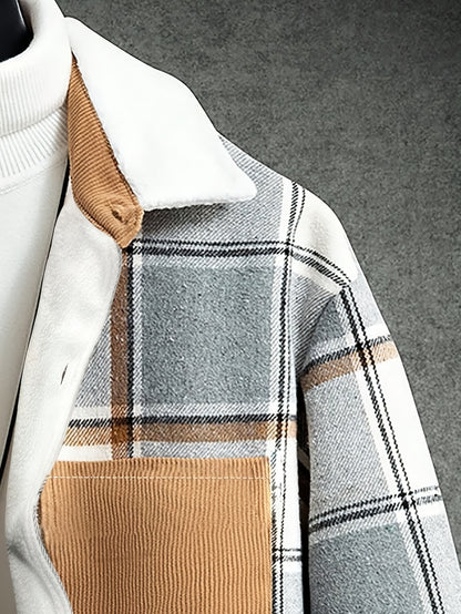 1pc Men'S Casual Plaid Fleece Jacket, Thickened Outerwear with Button Closure, Polyester Fabric, Non-Stretch, Regular Fit, Autumn/Winter Season, Solid Color Pocket Detail