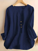 V-Neck Button-Up Top - Loose Fit Solid Color Pullover, Fashionable Casual V-Neck Shirt for Women, Relaxed Fit, Non-Stretch Cotton Linen Blouse