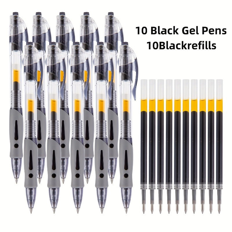 1pc, Complete set of 20 retractable gel pens, 0.5mm black gel pen, retractable gel ink ballpoint pen, 10 sets of gel pens + 10 gel pen refills, suitable for diary, office, school and home writing
