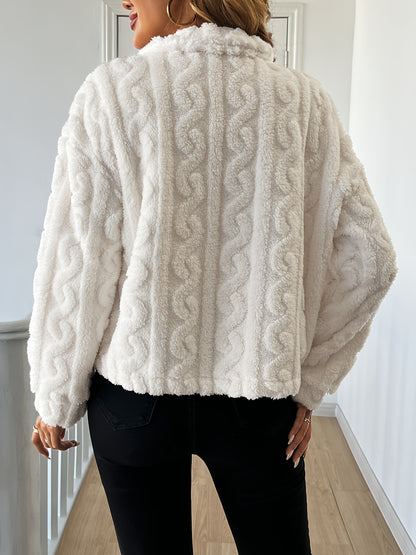 Abrigo elegante de piel sintética de manga larga para mujer, tejido de punto 100 % poliéster, color liso, abrigo de invierno para adulto.
