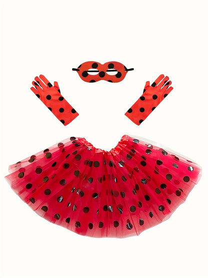 Adorable Ladybug Costume Set for Girls - 3pcs Superhero Beetle Dress-Up with Tutu Skirt, Gloves & Headband - Perfect for Halloween & Parties