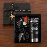Set de regalo de 6 piezas para hombre: billetera de cuero, cinturón de acero inoxidable, vaso con tapa, llavero, tarjeta y flores artificiales. Ideal para cumpleaños, San Valentín, Día del Padre y Navidad.