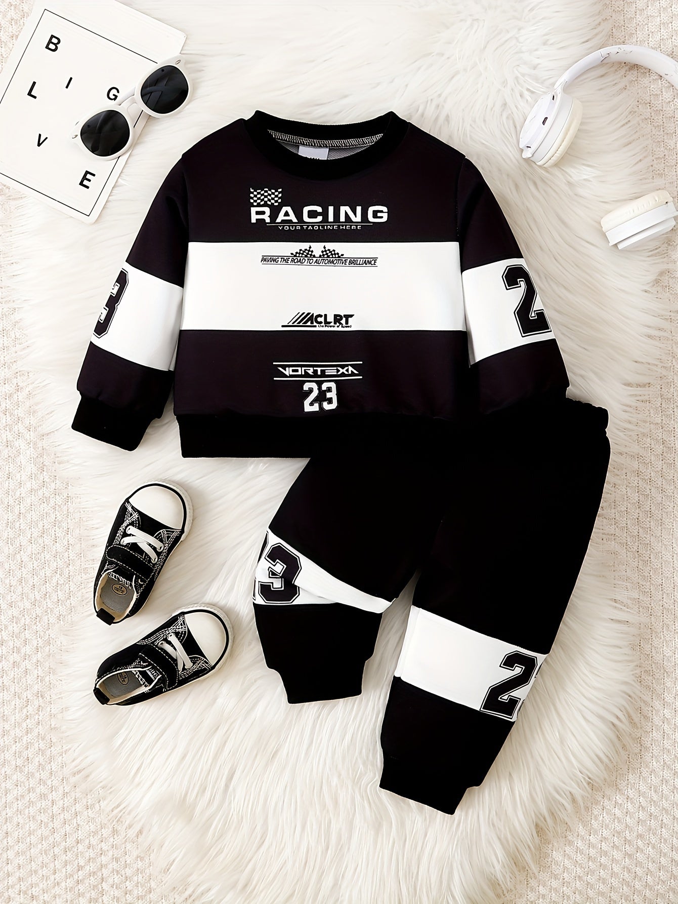 Conjunto para niño pequeño, camiseta de rayas de manga larga con cuello redondo y estampado de letras con pantalón a juego, conjunto informal de punto, mezcla de poliéster, corte regular, colección primavera/otoño, para exteriores.