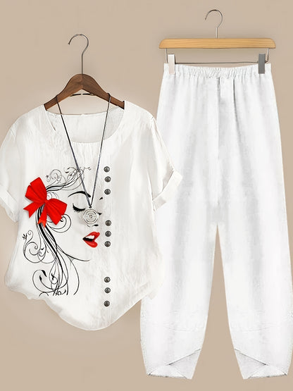 Plus Size Women'S Printed Top & Cropped Pants Set - Vacation Style, Crew Neck, Non-Stretch Fabric with Pocket Detail, Portrait Pattern, Lash Sets for Casual Wear, Vacation Outfit | Playful Print Top | Polyester Fabric