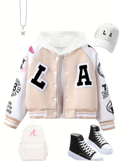 Alphabet LA Pattern Girl's Varsity Jacket, Raglan Color Block Thermal Lined Preppy Jacket Spring/ Fall Outerwear