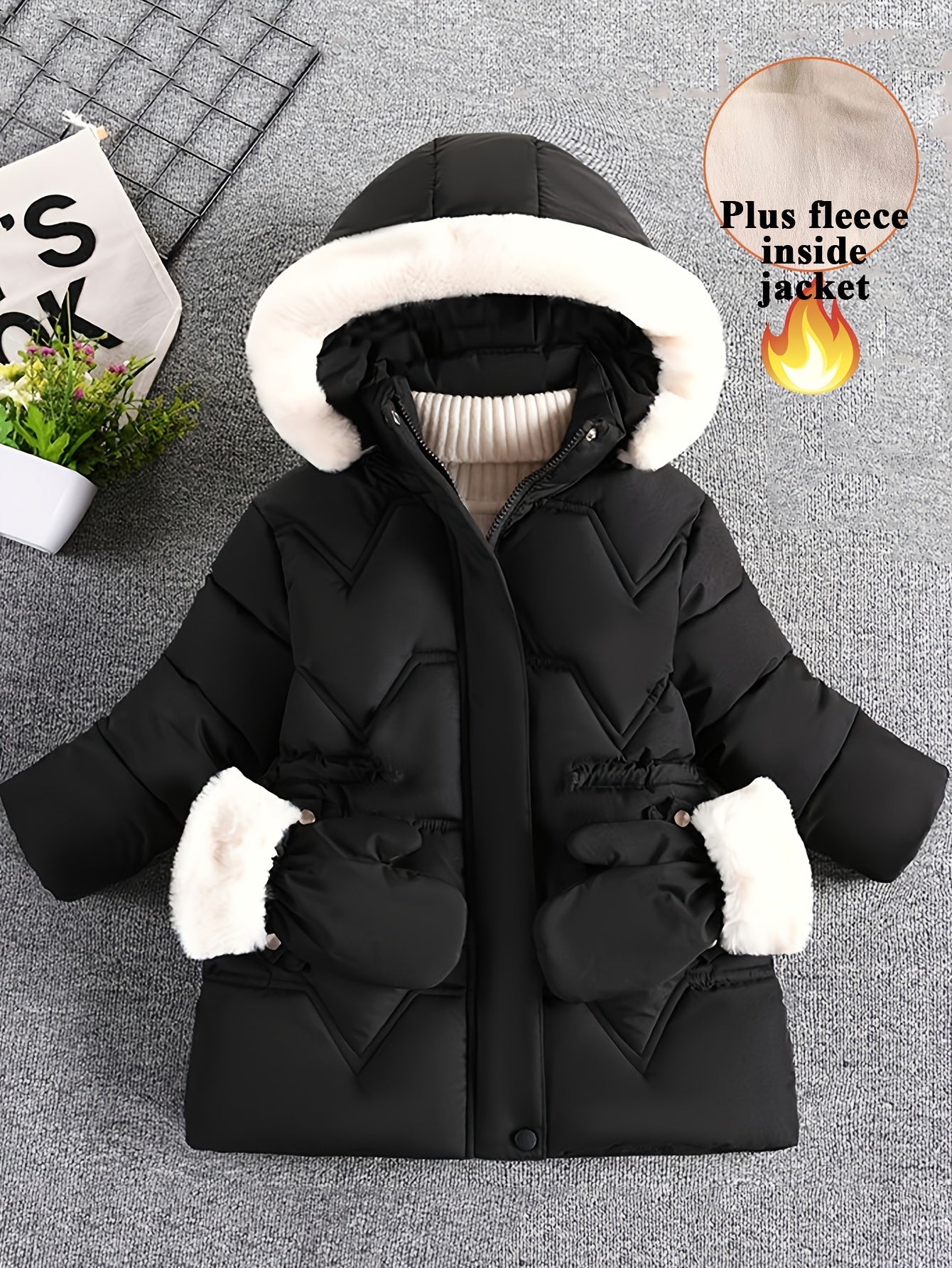 Girl's Solid Color Long Sleeve Hooded Warm Jacket, Faux Furry HoodedComfy Trendy Winter Warm Coat With Detachable Gloves As Gift