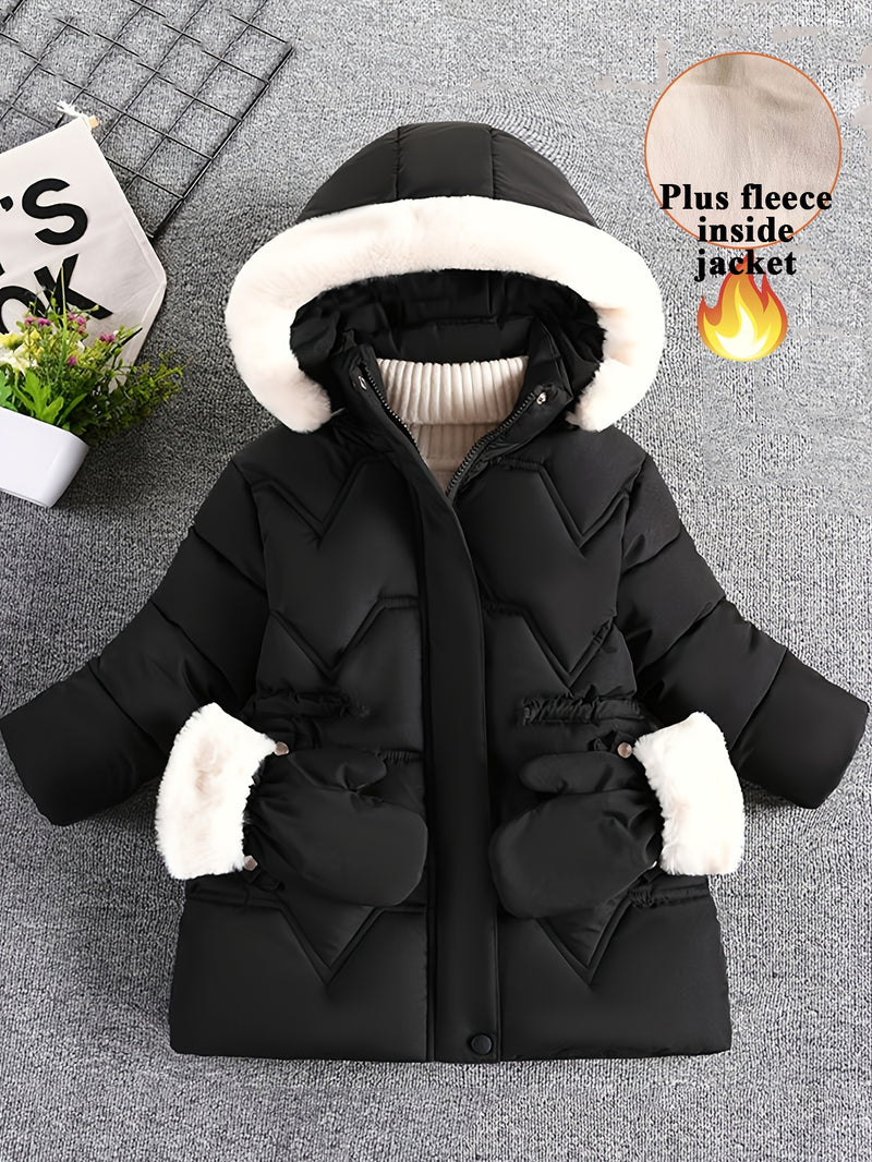 Chaqueta cálida de manga larga con capucha para niña, de color liso, con capucha de pelo sintético, cómoda y moderna, con guantes desmontables como regalo.