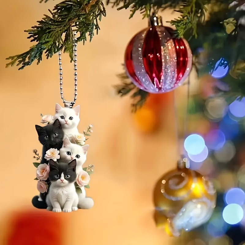 Charming Acrylic Cat & Floral Hanging Ornament - Versatile 2D Decor for Car Rearview Mirror, Bags & Keychains - Perfect Couple's Gift & Holiday Accessory