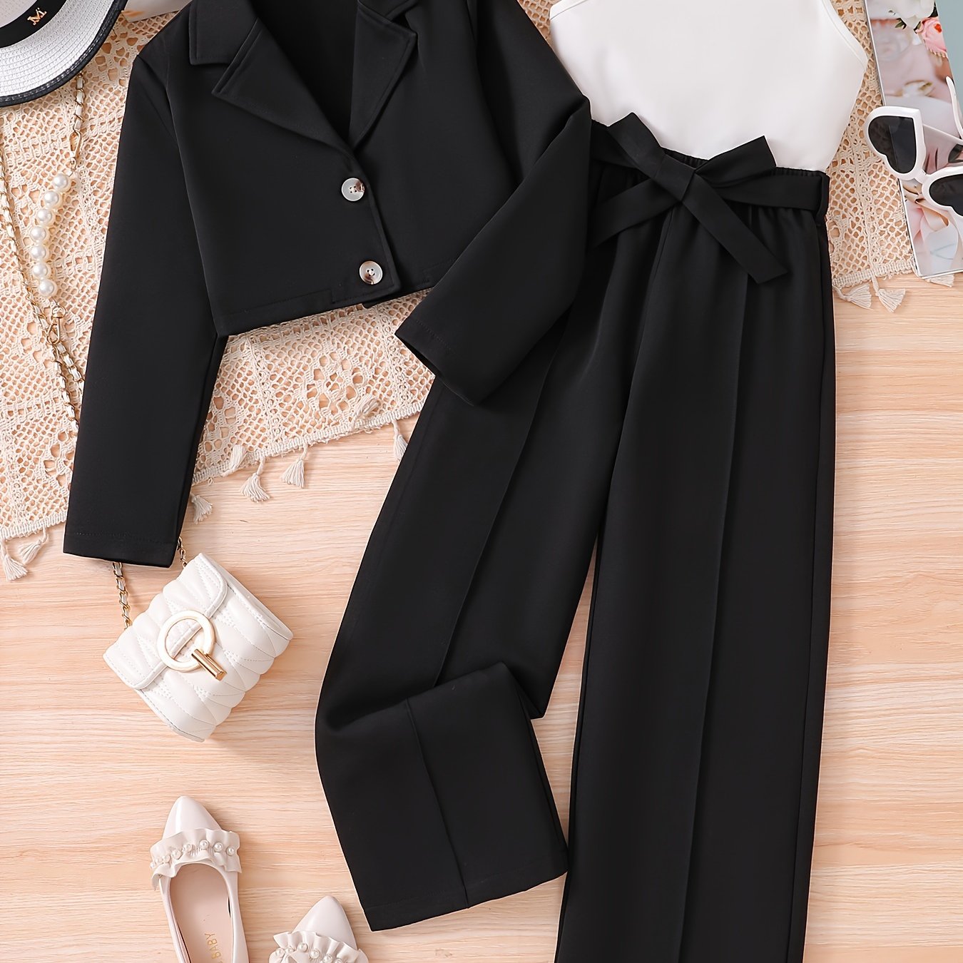 Conjunto elegante de otoño para niña de 3 piezas: blazer corto de poliéster con cinturón, camisola sin mangas, pantalón recto, corte entallado, color liso, ideal para primavera/otoño.