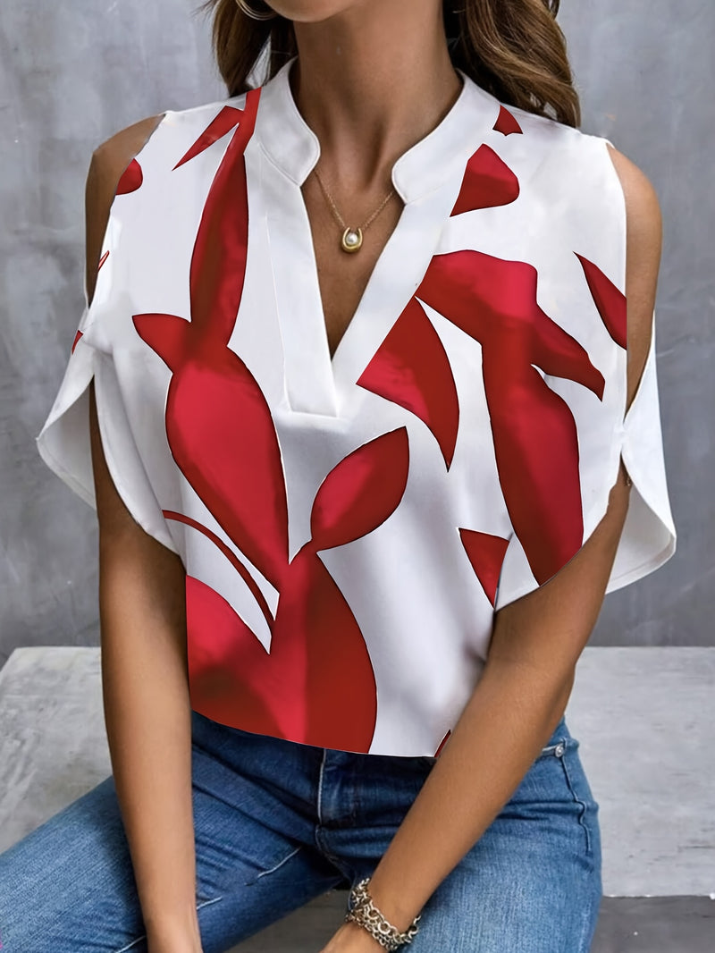 Stylish Women'S V-Neck Blouse - Floral Print, Short Sleeve, Lightweight Polyester, Perfect for Spring/Summer, Red & White Design, Elegant Shirt for Casual or Office Wea