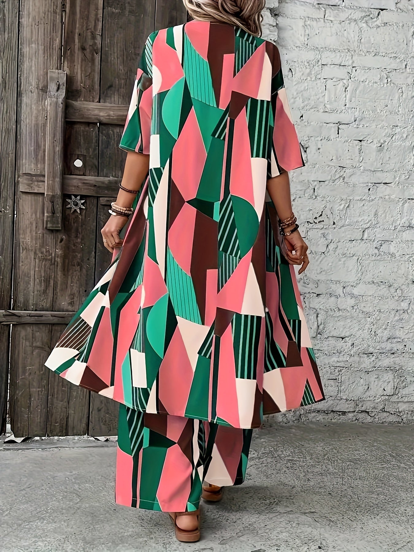 Elegant Polyester Suit Set For Women, Geometric Print, Open-Front Blouse, And Wide-Leg Pants, Casual And Fashionable Outfit For Daily And Leisure Wear
