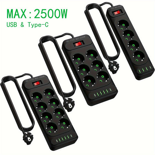 Europe 4/6/8 Sockets Power Strip Outlets Extender Switch AC Plug Outlets And 4USB & 2type-C PD Fast Charging Ports, 2500W/10A, 198.12cm Flat Plug Heavy Duty Extension Cord For Home, Office, Dorm And Gaming Room Surge Protecto