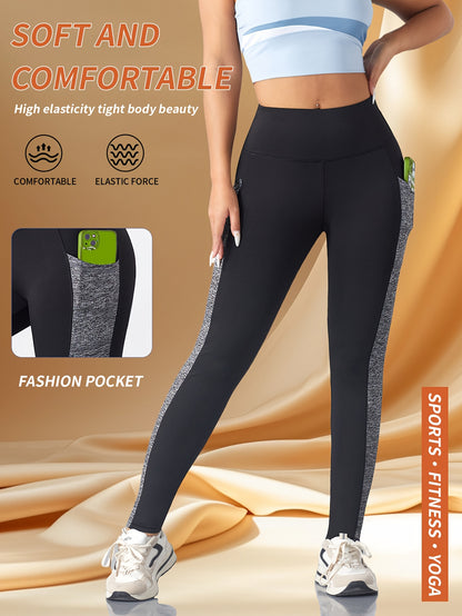 [1pc Women'S High Waist Yoga Leggings] 1pc Women'S High Waist Yoga Leggings with Contrast Color Pocket, Soft Stretchable Polyester Knit Sports Pants, Breathable Activewear for All Seasons