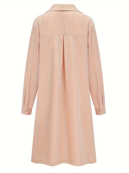 Plus Size Casual Dress, Women's Plus Solid Button Up Long Sleeve Turn Down Collar Shirt Dress