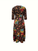 Elegant Women's Plus-Size Dress with Tie Waist, Casual Fashionable Long Sleeve Camouflage Print Knit Fabric with Pocket, X-Shape Fit, Round Neck, Straight Hem, No Bra Pad - Spring/Summer/Autumn