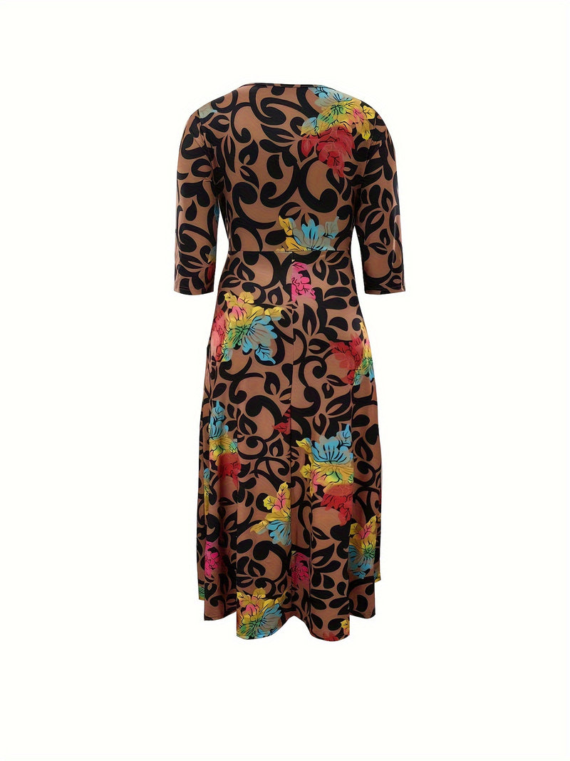 Elegant Women's Plus-Size Dress with Tie Waist, Casual Fashionable Long Sleeve Camouflage Print Knit Fabric with Pocket, X-Shape Fit, Round Neck, Straight Hem, No Bra Pad - Spring/Summer/Autumn