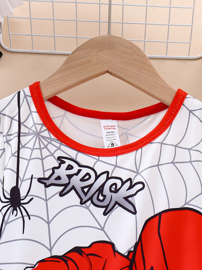 Boys' Cozy Spider Web Cartoon Print Long Sleeve & Pants Set - Flame Retardant, Stretchy Polyester Blend for Fall/Winter