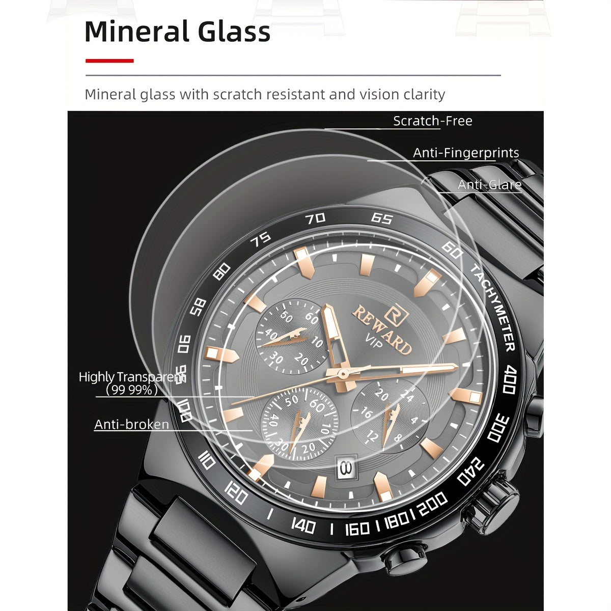 REWARD Black Quartz Watches For Men, Sport Chronograph Luminous Waterproof Wrist Watches