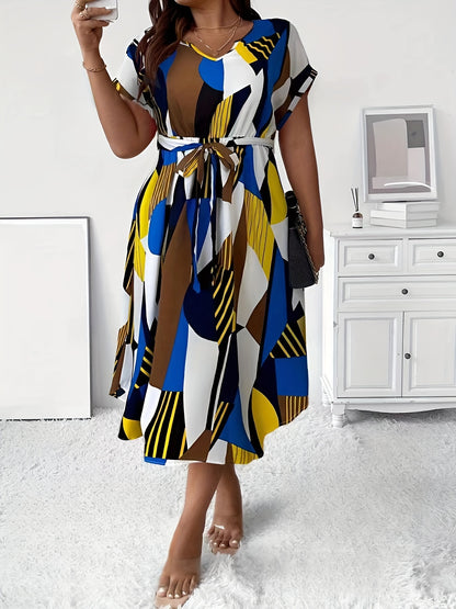 Vestido con estampado tropical y mangas murciélago, talla grande, escote en V, cintura con cinturón, poliéster ligero, lavable a máquina, ideal para vacaciones de verano. Vestidos de verano de talla grande.