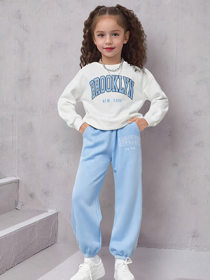 Tween Girls 2pcs/set Casual outdoor Comfy Outfit, BROOKLYN Print Long Sleeve Sweatshirt & Sweatpants For Spring & Fall Sports Daily Wear