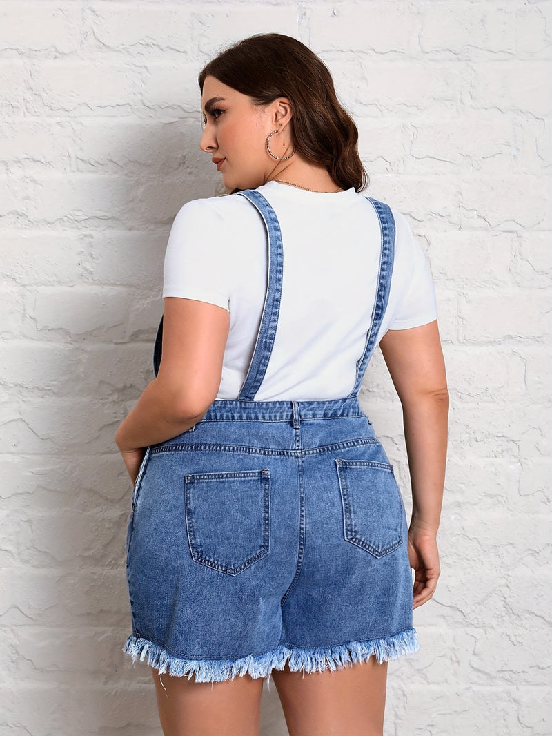 Women's Plus Size High-Waist Ripped Denim Overalls - Casual Loose Fit with Raw Hem, Light Wash Blue, Adjustable Straps & Pockets for Spring/Summer, Everyday Denim Overalls | Button Front Overalls | Nonstretch Fabric