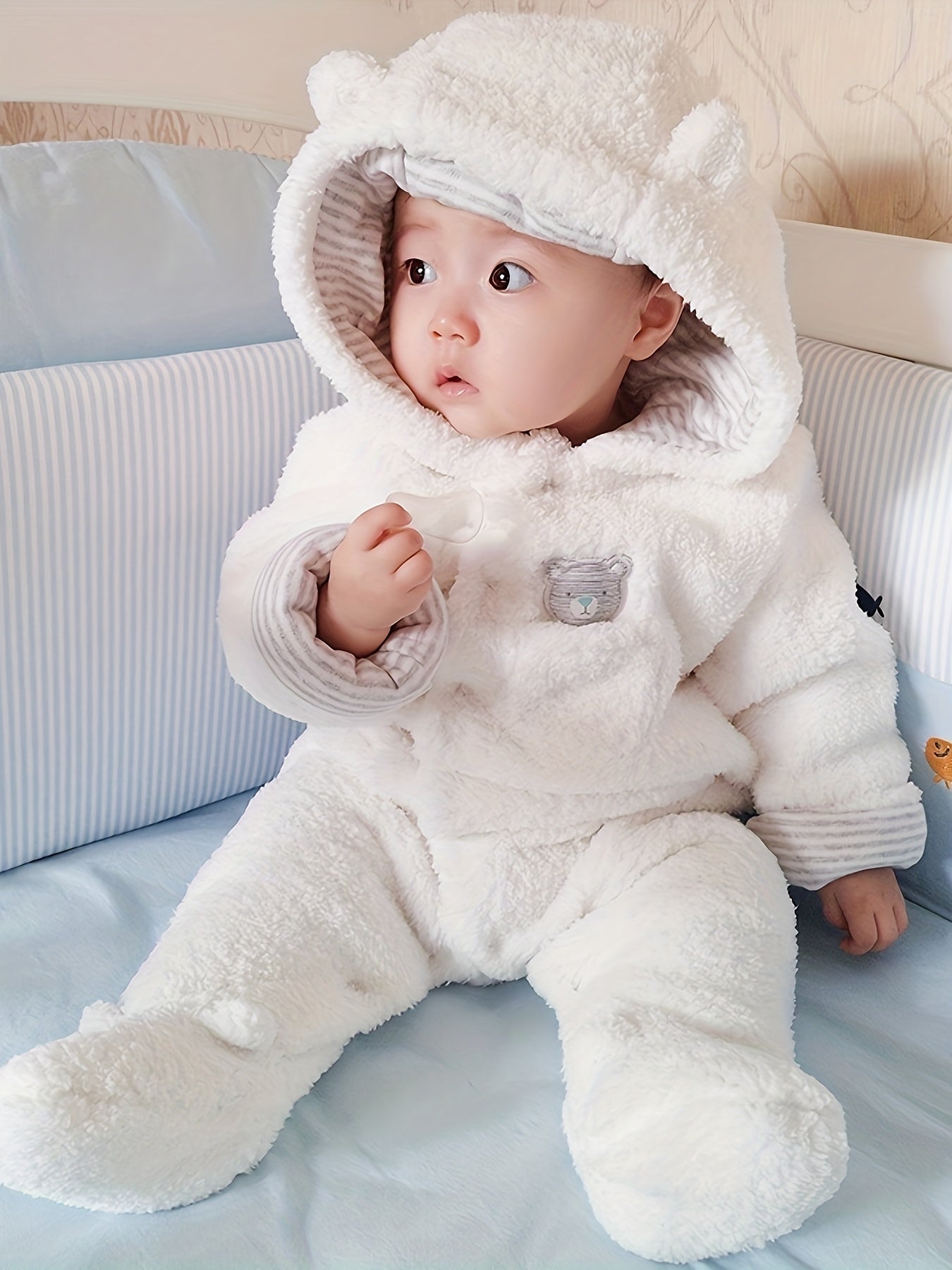 Unisex Baby Winter Warm Coats, Cute Bear Shape Hooded Footed Romper, Newborn Infant Jumpsuit Snowsuit Fleece Bodysuits, Suitable For Indoor And Outdoor Wear