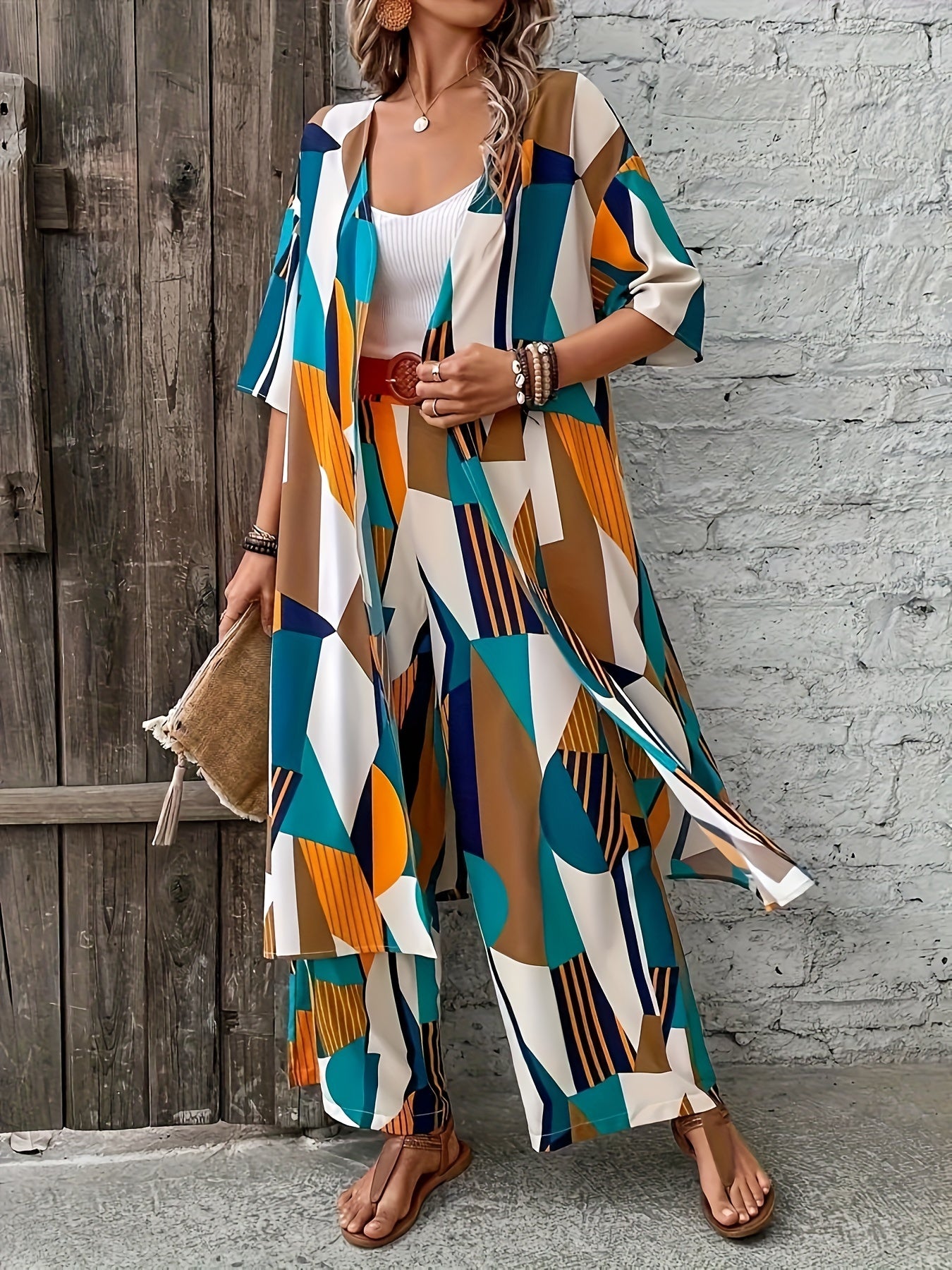 Elegant Polyester Suit Set For Women, Geometric Print, Open-Front Blouse, And Wide-Leg Pants, Casual And Fashionable Outfit For Daily And Leisure Wear
