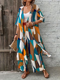 Elegant Polyester Suit Set For Women, Geometric Print, Open-Front Blouse, And Wide-Leg Pants, Casual And Fashionable Outfit For Daily And Leisure Wear